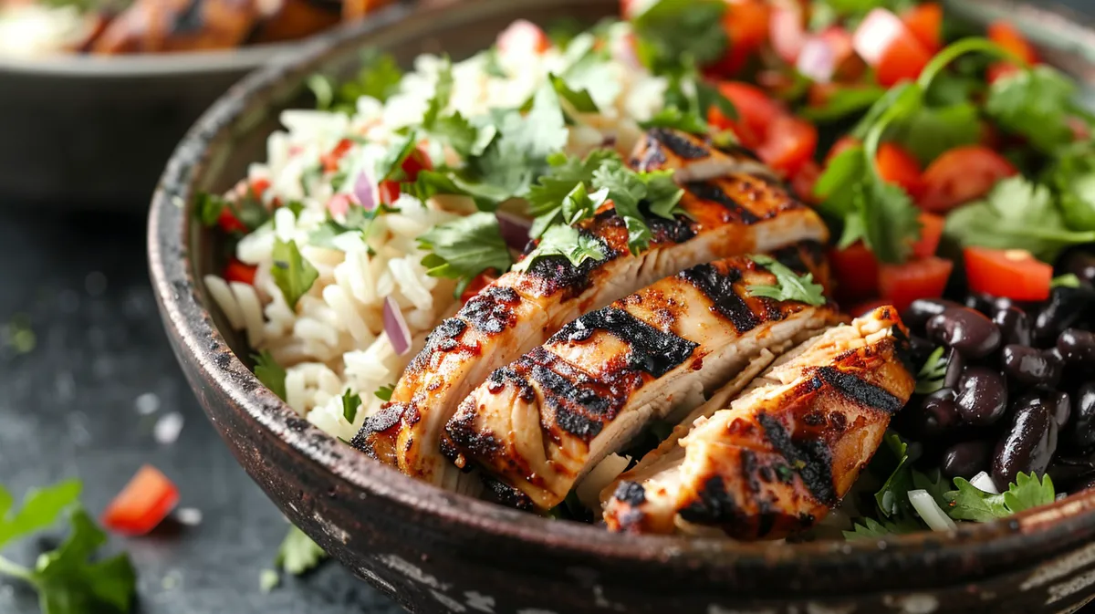 ['Close-up of a Chipotle chicken bowl featuring cubed chicken, black beans, and cilantro lime rice.', 'Side view of a neatly arranged Chipotle chicken bowl with colorful ingredients showcasing freshness.', 'Juicy Chipotle chicken bowl highlighting marinated chicken, black beans, and garnished rice.', 'Detailed view of a flavorful Chipotle chicken bowl with chicken, beans, and cilantro rice.']