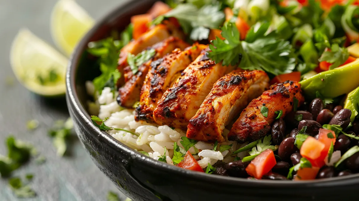 ['Close-up of a Chipotle chicken bowl featuring cubed chicken, black beans, and cilantro lime rice.', 'Side view of a neatly arranged Chipotle chicken bowl with colorful ingredients showcasing freshness.', 'Juicy Chipotle chicken bowl highlighting marinated chicken, black beans, and garnished rice.', 'Detailed view of a flavorful Chipotle chicken bowl with chicken, beans, and cilantro rice.']