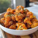 ['Close-up of crispy buffalo cauliflower florets in an air fryer basket.', 'Side view of golden, crunchy buffalo cauliflower bites arranged elegantly.', 'Appetizing air-fried buffalo cauliflower with a glossy sauce finish.', 'Deliciously coated cauliflower pieces with a spicy buffalo glaze.']