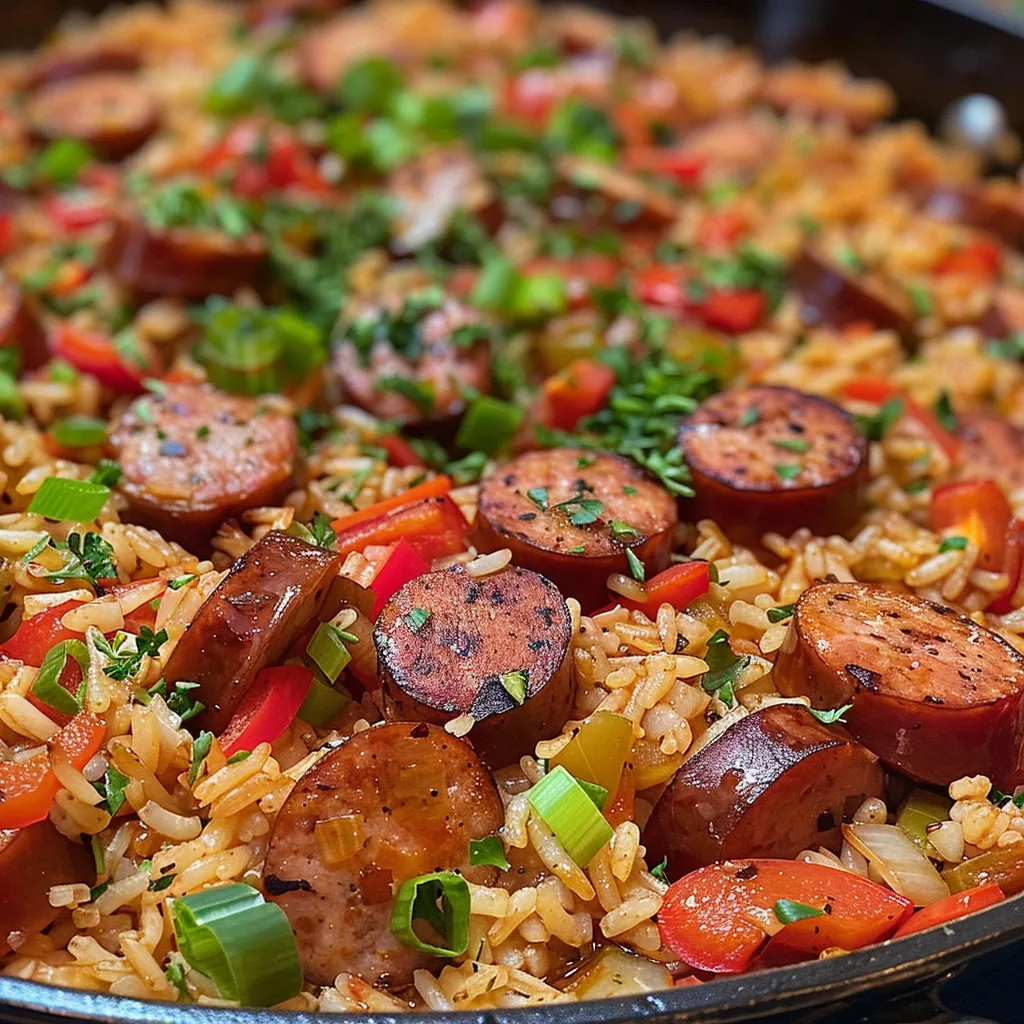Close-up view of a Cajun sausage and rice skillet showcasing sliced smoked sausage, colorful bell peppers, and rice.