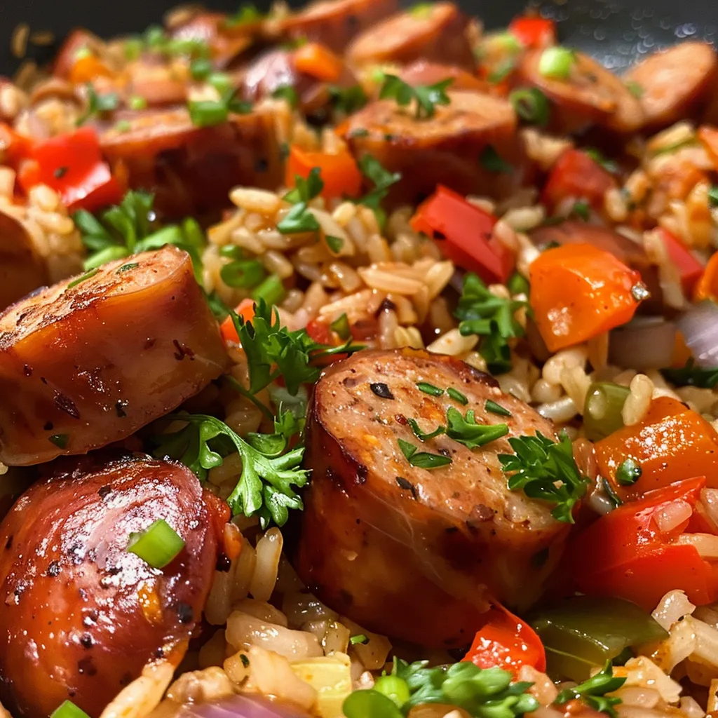 Close-up view of a Cajun sausage and rice skillet showcasing sliced smoked sausage, colorful bell peppers, and rice.