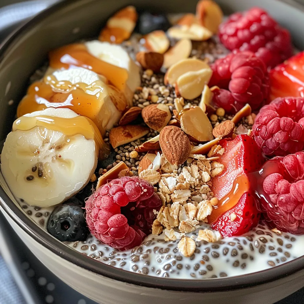 ['Close-up side view of Vanilla Greek Yogurt Chia Pudding with fresh berries and almonds.', 'Creamy Vanilla Greek Yogurt Chia Pudding topped with sliced almonds and honey drizzle.', 'Bowl of Vanilla Greek Yogurt Chia Pudding with chia seeds, berries, and almond butter.', 'Delicious Vanilla Greek Yogurt Chia Pudding garnished with fresh fruit and granola.']