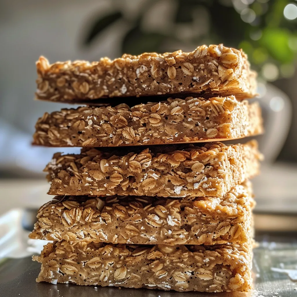 Close-up side view of healthy oatmeal breakfast bars showcasing a golden-brown texture.