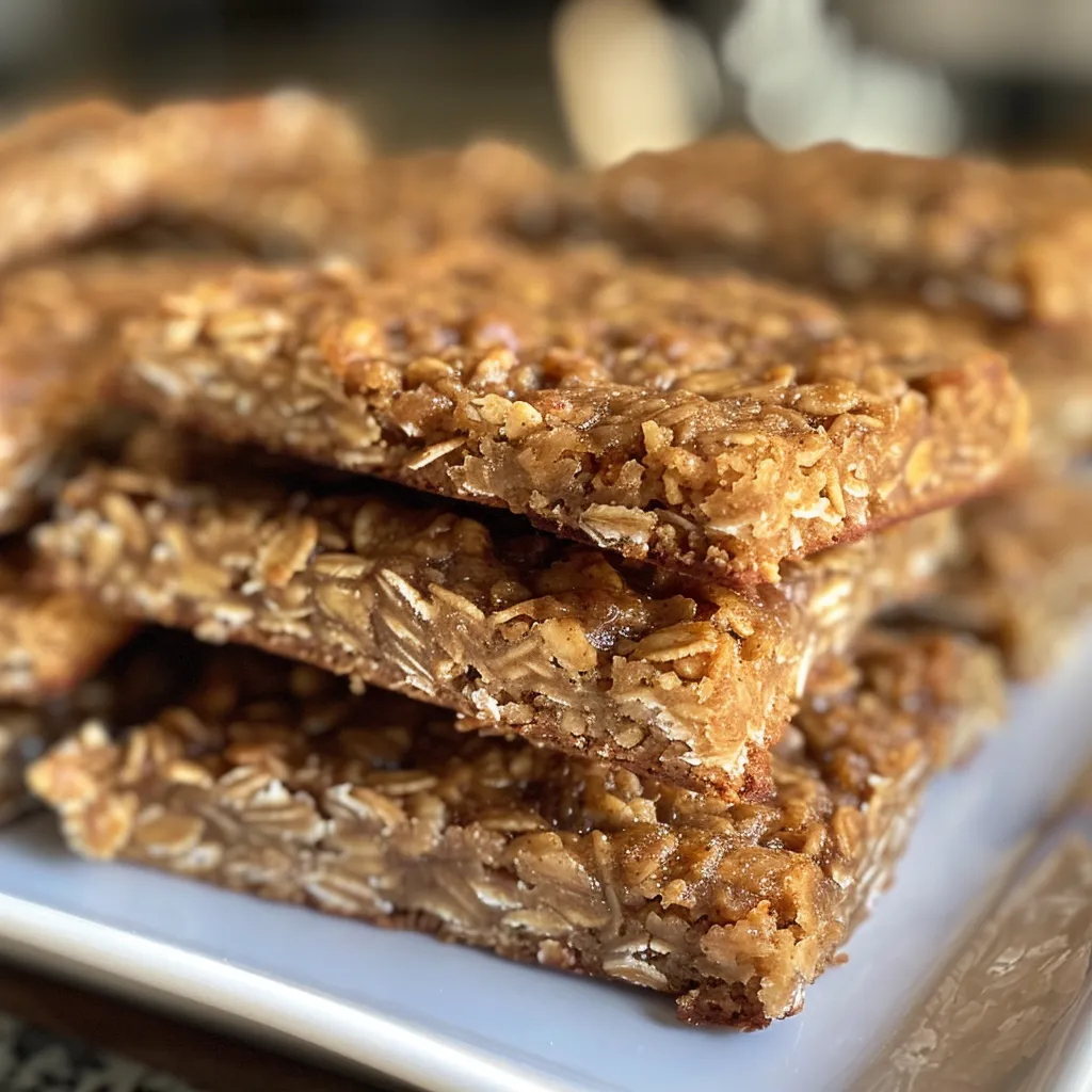 Close-up side view of healthy oatmeal breakfast bars showcasing a golden-brown texture.