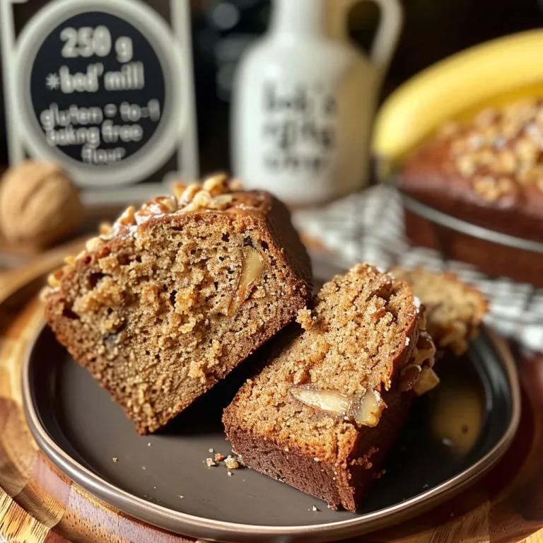['Close-up side view of moist vegan gluten-free banana bread with olive oil and walnuts.', 'Juicy vegan gluten-free banana bread showcased with a golden-brown crust and visible walnut pieces.', 'Side angle of freshly baked vegan banana bread, featuring a soft texture and rich banana flavor.', 'Delicious vegan gluten-free banana bread with a shiny exterior and pieces of chopped walnuts visible.']