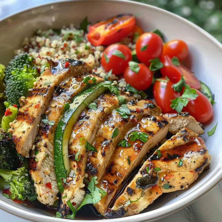 ['Close-up of a grilled chicken and veggie bowl with colorful vegetables and quinoa.', 'Side view of a delicious grilled chicken and vegetable dish served in a bowl.', 'Juicy grilled chicken atop a vibrant mix of zucchini, bell pepper, and broccoli.', 'Freshly prepared grilled chicken and veggie bowl garnished with herbs.']