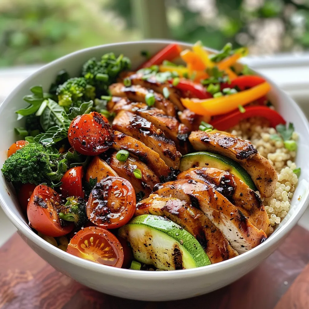 Close-up of a grilled chicken and veggie bowl with colorful vegetables and quinoa.
