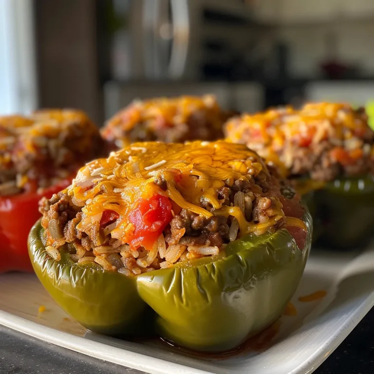 ['Close-up of juicy ground beef and rice stuffed bell peppers topped with melted cheese.', 'Side view of colorful stuffed bell peppers filled with beef, rice, and cheese.', 'Juicy stuffed peppers with ground beef and rice, garnished with cheese and herbs.', 'Succulent bell peppers filled with a cheesy beef and rice mixture, ready to serve.']