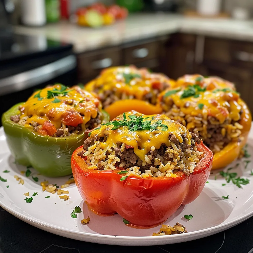 ['Close-up of juicy ground beef and rice stuffed bell peppers topped with melted cheese.', 'Side view of colorful stuffed bell peppers filled with beef, rice, and cheese.', 'Juicy stuffed peppers with ground beef and rice, garnished with cheese and herbs.', 'Succulent bell peppers filled with a cheesy beef and rice mixture, ready to serve.']