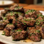 ['Close-up view of juicy garlic butter steak bites garnished with parsley.', 'Side shot of tender ribeye steak pieces glistening with garlic butter.', 'Plate of caramelized garlic butter steak bites, beautifully presented.', 'Succulent steak bites coated in garlic butter with chopped parsley on top.']