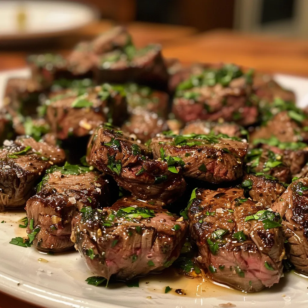 Close-up view of juicy garlic butter steak bites garnished with parsley.