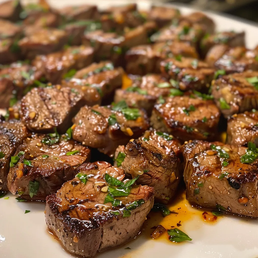 Close-up view of juicy garlic butter steak bites garnished with parsley.