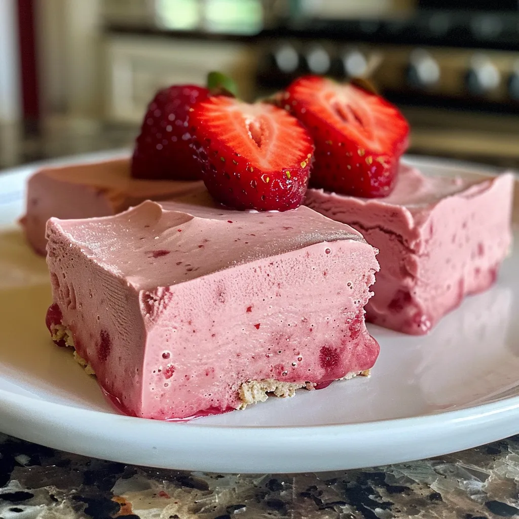 ['Close-up of a strawberry frozen yogurt bar with a glossy finish.', 'Side view of a vibrant pink yogurt bar with strawberries visible inside.', 'Healthy strawberry yogurt bar cut to reveal creamy texture and fruit chunks.', 'A refreshing frozen yogurt bar, speckled with fresh strawberries.']