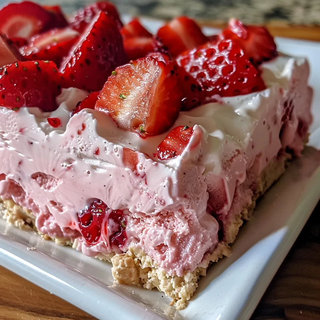 ['Close-up of a strawberry frozen yogurt bar with a glossy finish.', 'Side view of a vibrant pink yogurt bar with strawberries visible inside.', 'Healthy strawberry yogurt bar cut to reveal creamy texture and fruit chunks.', 'A refreshing frozen yogurt bar, speckled with fresh strawberries.']
