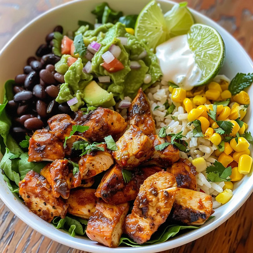 ['Close-up view of a Chipotle Chicken Bowl filled with colorful ingredients.', 'Juicy Chipotle Chicken Bowl featuring chicken, rice, beans, and toppings.', 'Side view of a vibrant Chipotle Chicken Bowl, showcasing fresh vegetables and chicken.', 'Delicious Chipotle Chicken Bowl with layers of rice, beans, and garnishes.']