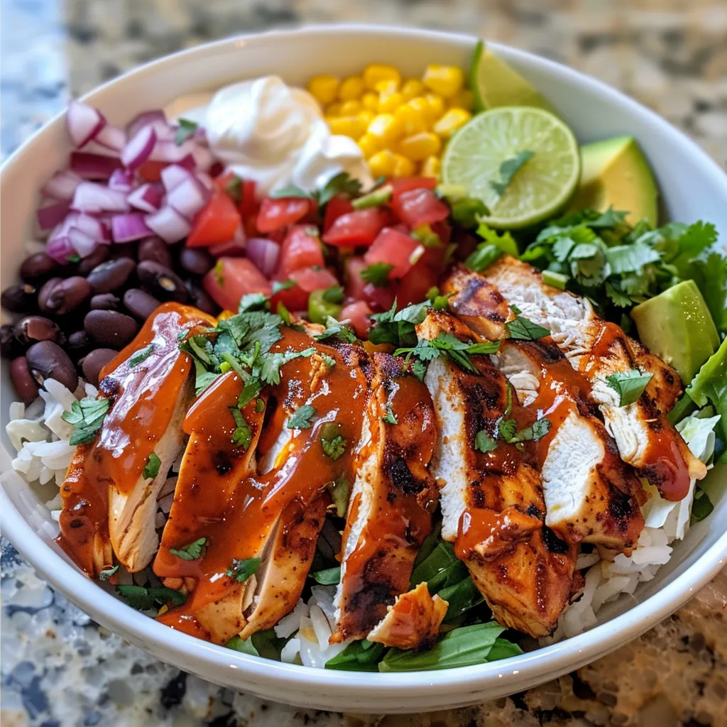 ['Close-up view of a Chipotle Chicken Bowl filled with colorful ingredients.', 'Juicy Chipotle Chicken Bowl featuring chicken, rice, beans, and toppings.', 'Side view of a vibrant Chipotle Chicken Bowl, showcasing fresh vegetables and chicken.', 'Delicious Chipotle Chicken Bowl with layers of rice, beans, and garnishes.']