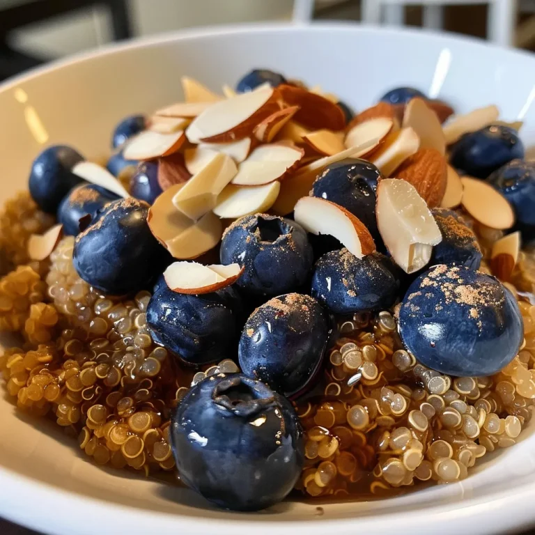 ['Close-up of a bowl filled with blueberry-honey breakfast quinoa topped with sliced almonds.', 'A delicious serving of quinoa mixed with blueberries and honey, garnished with almonds.', 'Side view of a bowl showcasing cooked quinoa, fresh blueberries, and drizzled honey.', 'Colorful close-up of blueberry breakfast quinoa with a hint of cinnamon and almond slices.']