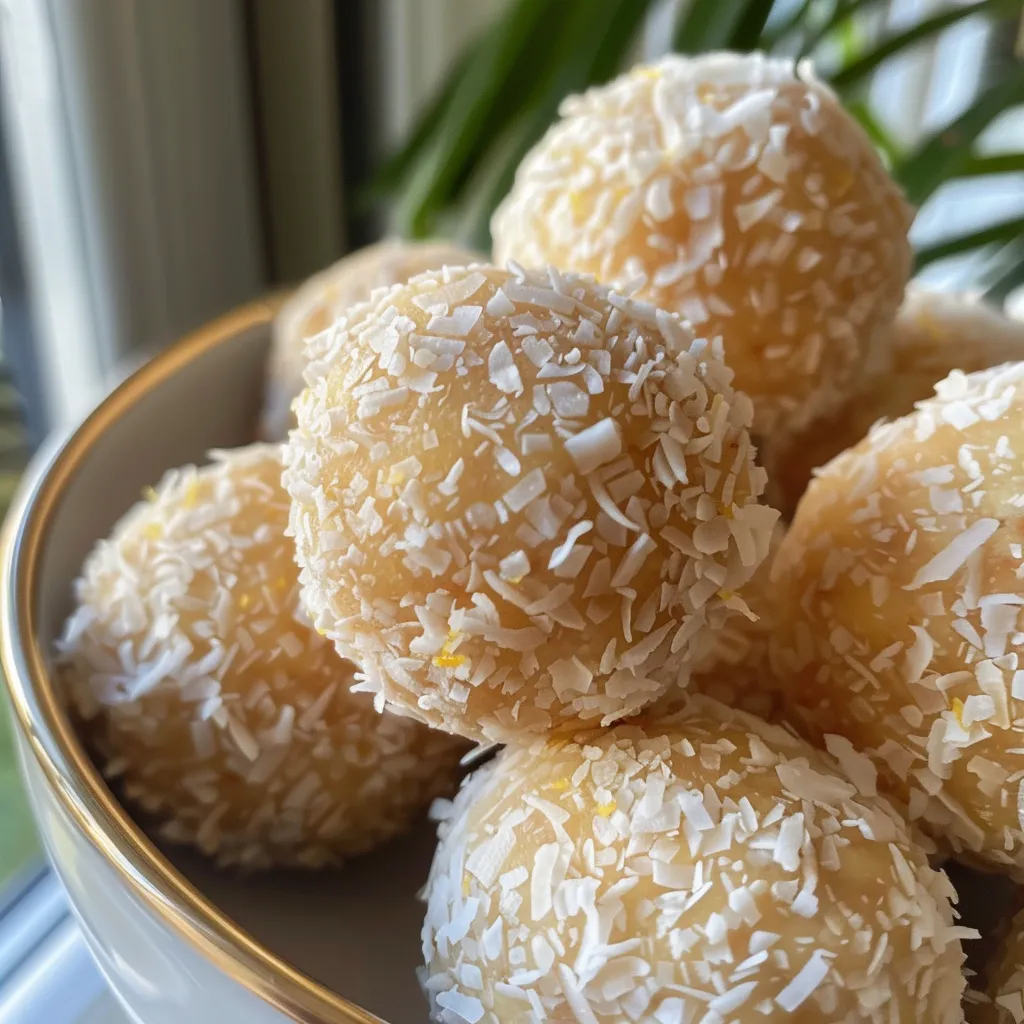 Close-up of lemon bliss balls rolled in shredded coconut on a wooden surface.