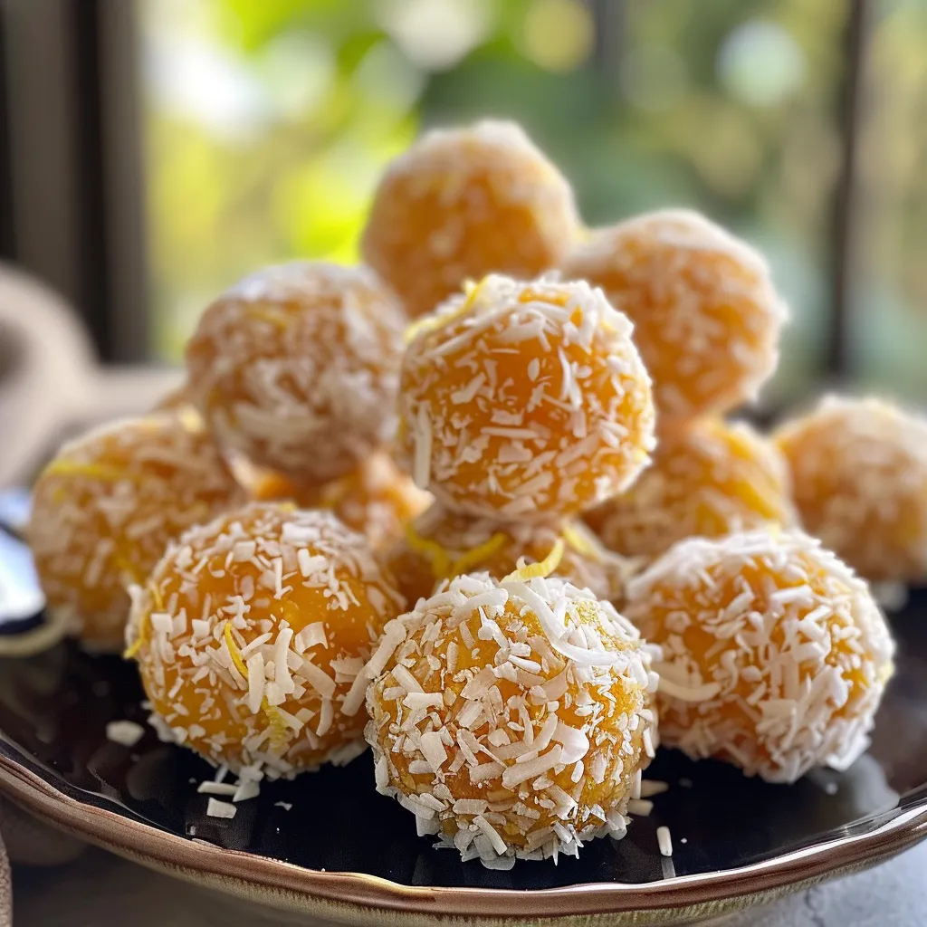 Close-up of lemon bliss balls rolled in shredded coconut on a wooden surface.