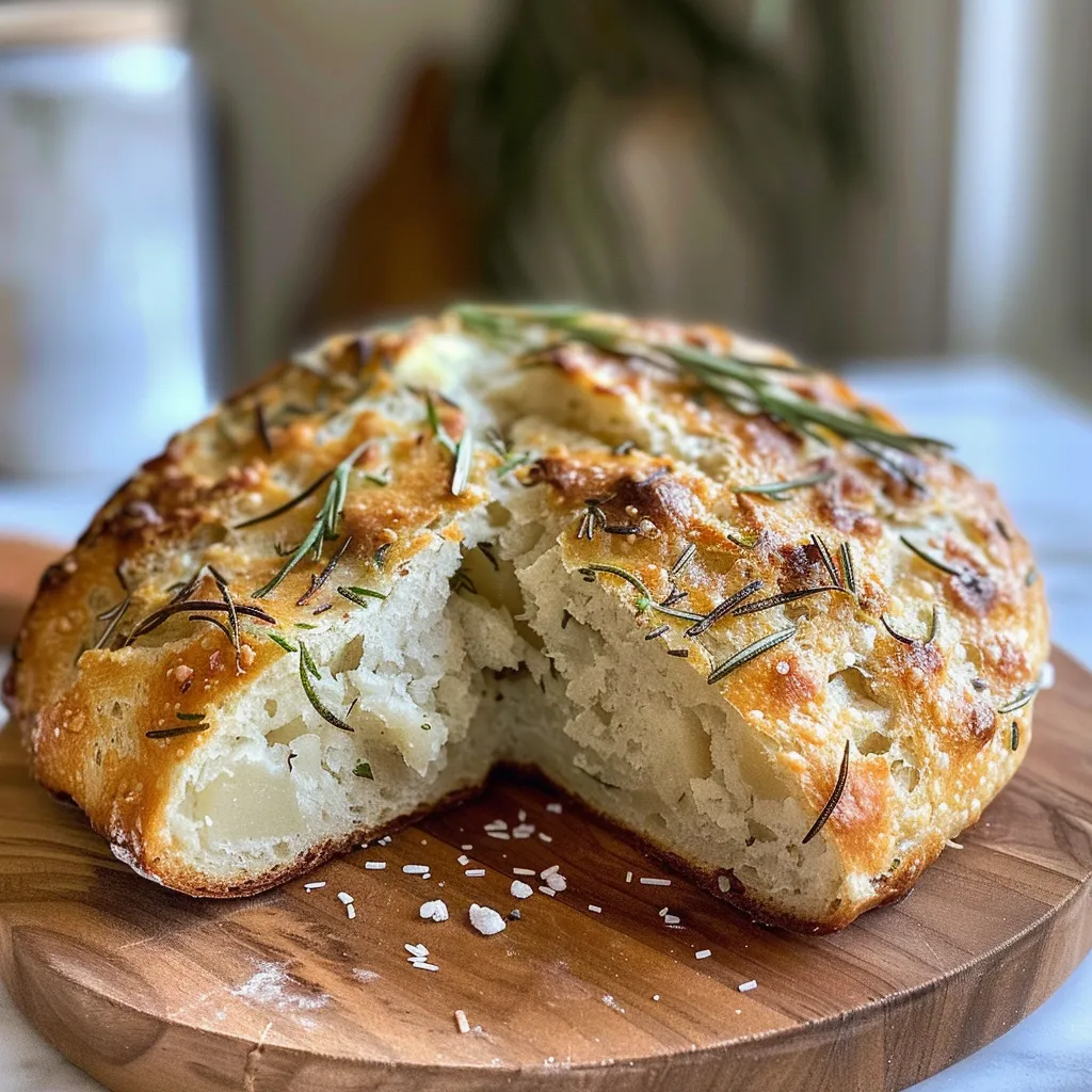 ['Close-up view of Rustic Rosemary Potato Bread with a golden crust and sprinkles of sea salt.', 'Side angle of freshly baked Rustic Rosemary Potato Bread, showcasing its soft interior and rosemary leaves.', 'Deliciously textured Rustic Rosemary Potato Bread highlighted by crunchy sea salt atop a warm crust.', 'Rustic Rosemary Potato Bread positioned elegantly to reveal its inviting crust and fluffy center.']
