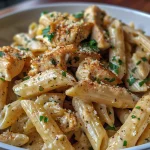 ['A side view of a delicious plate of Healthy Garlic Parmesan Chicken Pasta garnished with parsley.', 'Close-up of Healthy Garlic Parmesan Chicken Pasta with chicken, spinach, and Parmesan cheese visible.', 'Juicy garlic chicken pasta featuring whole wheat noodles and a creamy sauce, viewed from the side.', 'A vibrant dish of Healthy Garlic Parmesan Chicken Pasta, highlighting the fresh ingredients and textures.']