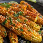 ['Close-up view of roasted baby corn coated in Parmesan cheese.', 'Side view of golden-brown baby corn sprinkled with grated Parmesan.', 'Juicy baby corn roasted with spices, topped with fresh cilantro and cheese.', 'Detailed shot of Parmesan-coated baby corn with lime wedges in the background.']