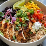 ['A close-up side view of a Cajun Grilled Chicken Burrito Bowl featuring juicy chicken, colorful vegetables, and toppings.', 'Juicy Cajun Grilled Chicken Burrito Bowl with layers of rice, beans, and fresh veggies in a vibrant presentation.', 'A detailed side view of a Burrito Bowl showcasing Cajun grilled chicken, cilantro, and fresh peppers.', 'An appetizing close-up of a Cajun Chicken Burrito Bowl filled with colorful ingredients and creamy toppings.']