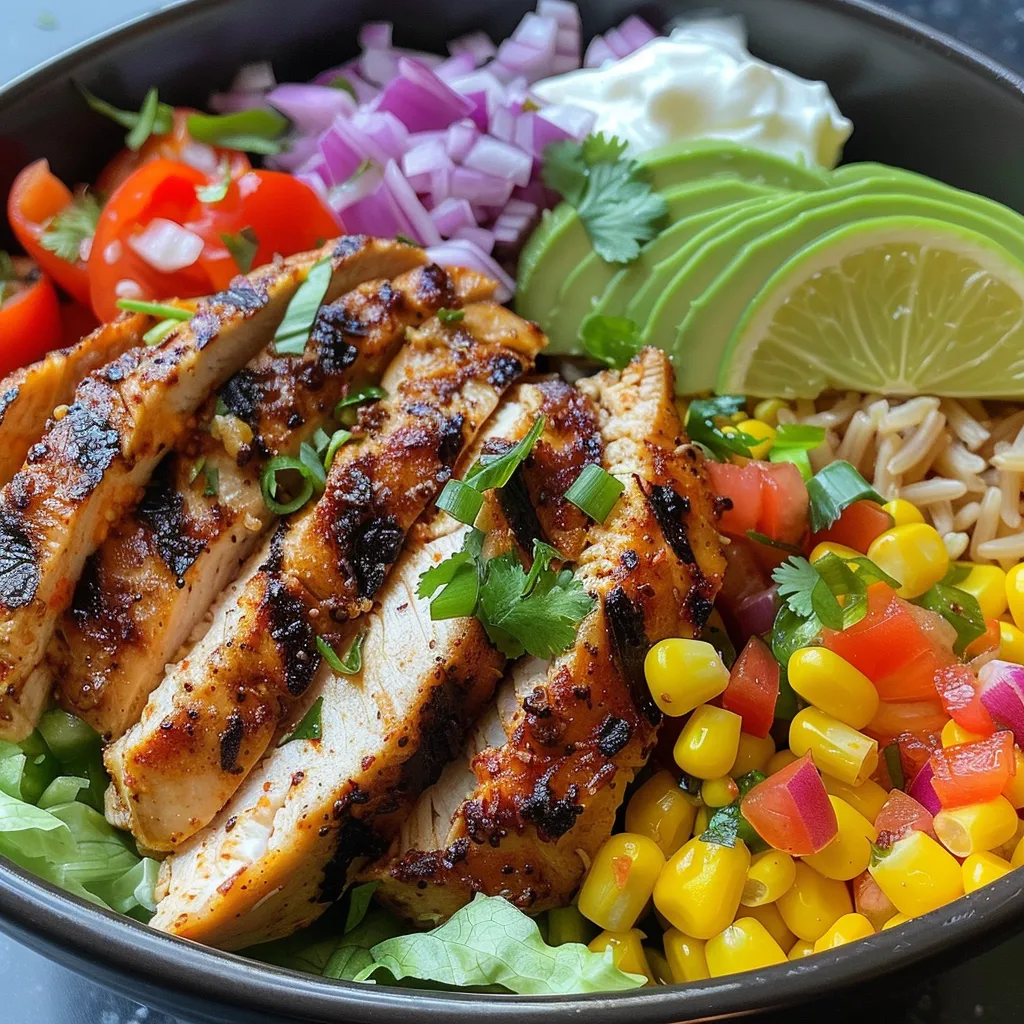 ['A close-up side view of a Cajun Grilled Chicken Burrito Bowl featuring juicy chicken, colorful vegetables, and toppings.', 'Juicy Cajun Grilled Chicken Burrito Bowl with layers of rice, beans, and fresh veggies in a vibrant presentation.', 'A detailed side view of a Burrito Bowl showcasing Cajun grilled chicken, cilantro, and fresh peppers.', 'An appetizing close-up of a Cajun Chicken Burrito Bowl filled with colorful ingredients and creamy toppings.']