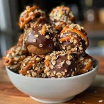 ['Close-up view of No Bake Peanut Butter Pretzel Honey Balls on a wooden surface.', 'Side angle of crunchy peanut butter pretzel balls with a drizzle of dark chocolate.', 'Delicious peanut butter pretzel balls arranged on a plate, highlighting their texture.', 'A detailed shot of no-bake peanut butter pretzel balls, showcasing their ingredients.']