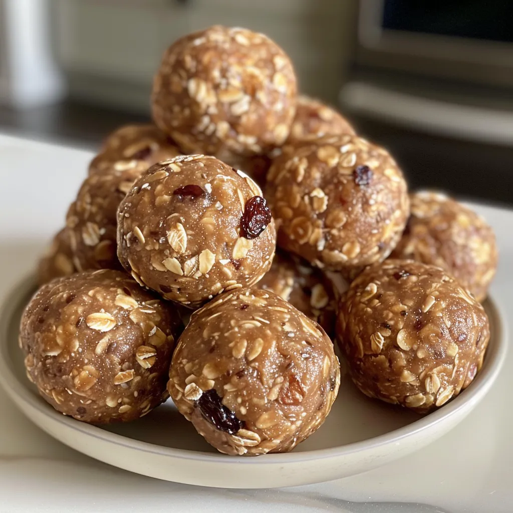 ['Close-up side view of No Bake Almond Butter Energy Balls with a shiny surface.', 'Juicy and delicious No Bake Almond Butter Energy Balls arranged on a white plate.', 'A cluster of No Bake Almond Butter Energy Balls with visible oats and chia seeds.', 'Raw, unprocessed No Bake Almond Butter Energy Balls stacked together on a wooden background.']