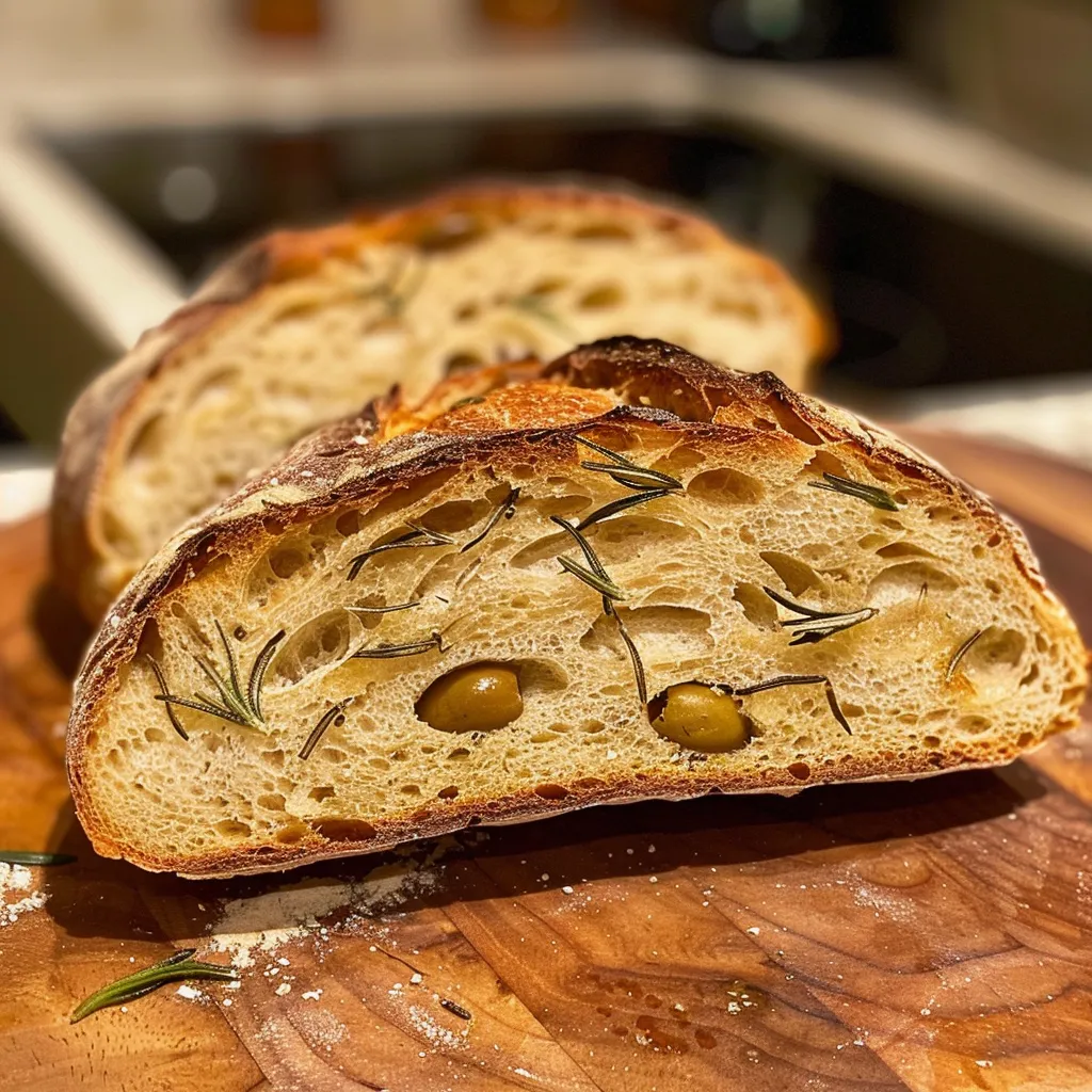['Close-up of a crusty Rosemary Olive Sourdough Bread with visible herbs and olives.', 'Side view of freshly baked Rosemary Olive Sourdough Bread showcasing its golden crust.', 'Juicy Rosemary Olive Sourdough Bread highlighting sliced olives and rosemary sprigs.', 'Detailed view of artisan Rosemary Olive Sourdough Bread emphasizing its texture and ingredients.']