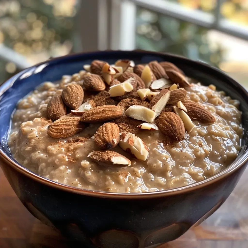 ['Close-up of creamy vanilla almond oatmeal topped with fresh blueberries.', 'Side view of a bowl of oatmeal with blueberries, showcasing a smooth texture.', 'Delicious vanilla almond oatmeal presented with plump blueberries on top.', 'A vibrant display of oatmeal featuring blueberries, highlighting its creamy consistency.']