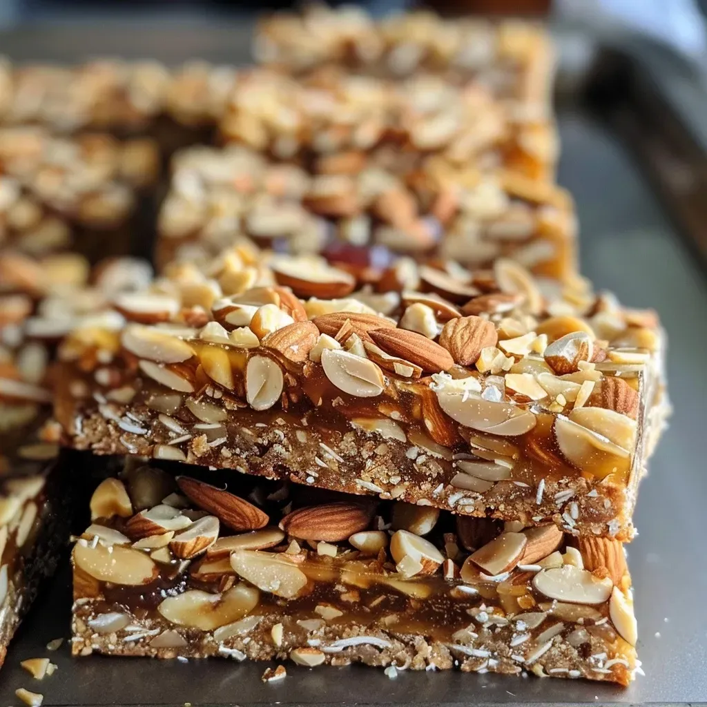 ['Close-up view of Vanilla Almond Snack Bars with a golden-brown hue.', 'Side perspective of chewy Vanilla Almond Snack Bars, highlighting almond chunks and sunflower seeds.', 'Textured image of Vanilla Almond Snack Bars displaying a mix of ingredients.', 'Detailed look at Vanilla Almond Snack Bars featuring whole almonds and dates.']