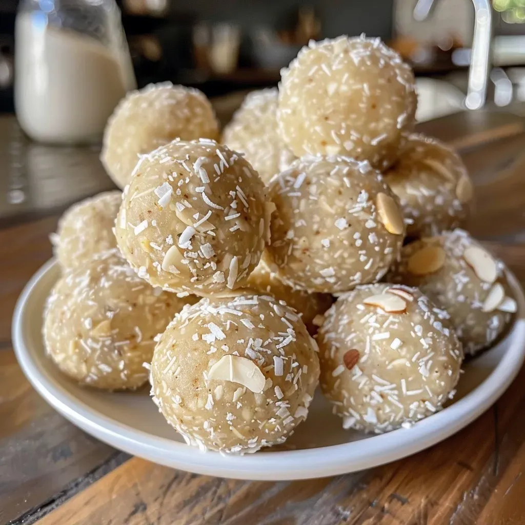 ['Close-up side view of a cluster of vanilla protein balls with a smooth texture.', 'Tantalizing vanilla protein balls displayed on a rustic wooden background.', 'A detailed shot of homemade vanilla protein balls showcasing their soft, appetizing exterior.', 'Side view of several vanilla protein balls arranged neatly, highlighting their creamy color and texture.']