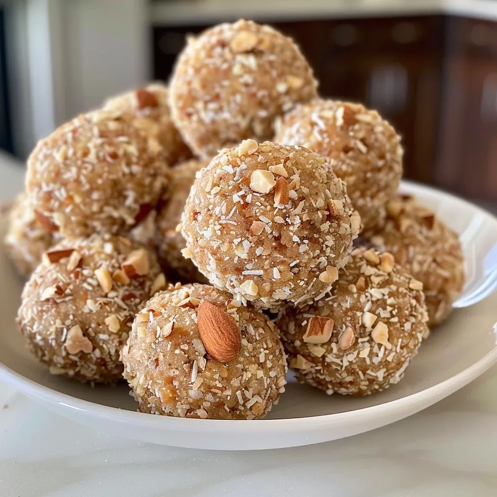 ['Close-up side view of a cluster of vanilla protein balls with a smooth texture.', 'Tantalizing vanilla protein balls displayed on a rustic wooden background.', 'A detailed shot of homemade vanilla protein balls showcasing their soft, appetizing exterior.', 'Side view of several vanilla protein balls arranged neatly, highlighting their creamy color and texture.']