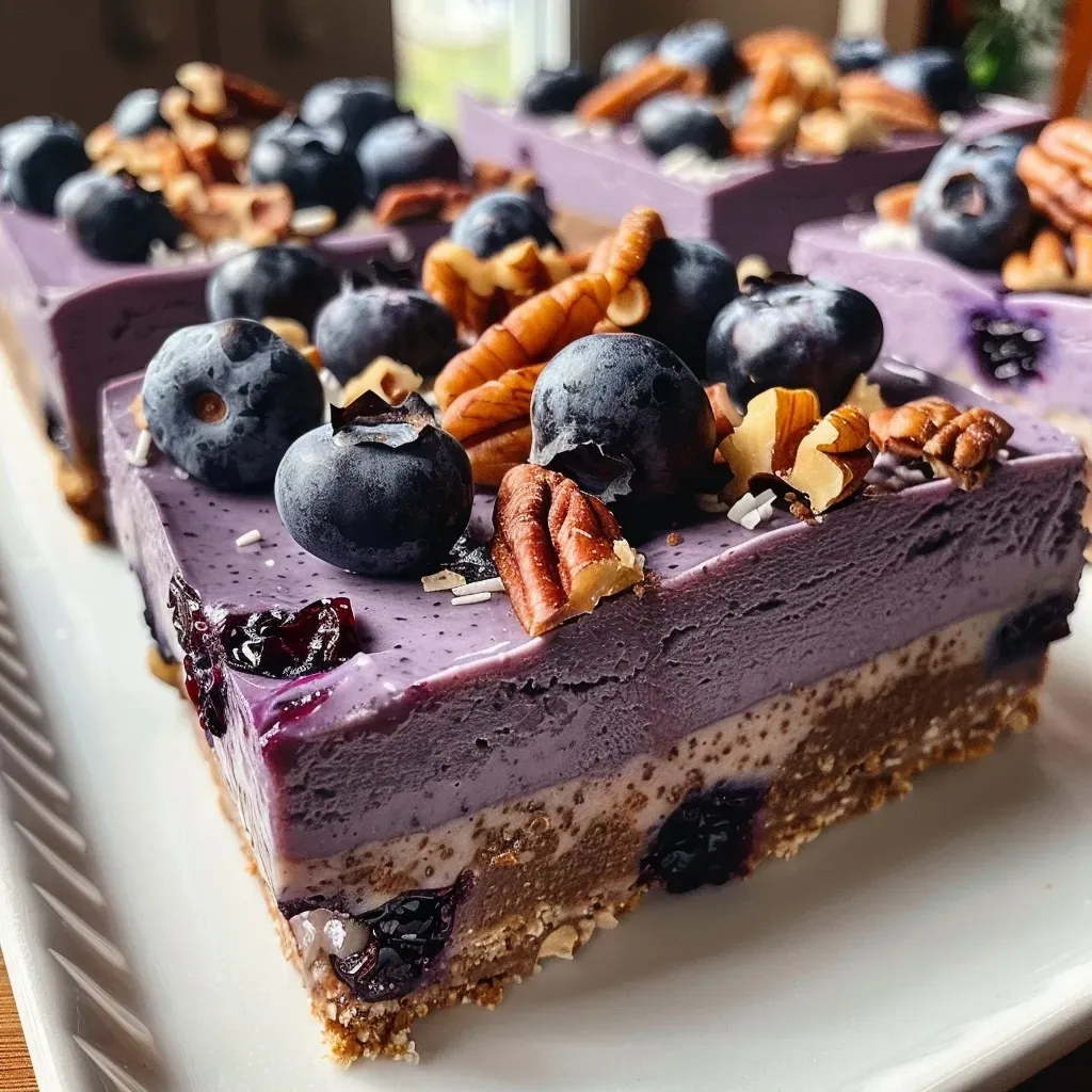 ['Close-up side view of Vegan Blueberry Cheesecake Bars with a creamy layer and blueberries on top.', 'A slice of Vegan Blueberry Cheesecake Bars featuring a crumbly crust and vibrant blueberries.', 'Side image of vegan dessert bars displaying a creamy cheesecake layer garnished with fresh blueberries.', 'Detailed view of Vegan Blueberry Cheesecake Bars showcasing a coconut crust and blueberry topping.']
