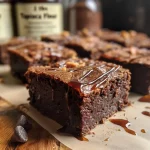 ['A close-up side view of a moist vegan brownie made with oat flour and espresso.', 'Juicy vegan brownies with a rich chocolate texture, showcasing dark chocolate chunks.', 'A homemade brownie, highlighting the fudgy surface and chocolate chips, set against a neutral background.', 'A delicious plant-based brownie with a glossy top, revealing hints of espresso and chocolate.']