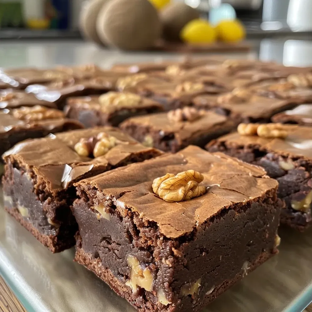 ['A close-up side view of delicious walnut brownies, showcasing a rich, fudgy texture and chunks of walnuts.', 'A mouthwatering side view of freshly baked walnut brownies, highlighting their glossy chocolate topping and walnut pieces.', 'Juicy walnut brownies captured from the side, displaying their dense consistency and inviting chocolatey surface.', 'A detailed side shot of walnut brownies, emphasizing the chocolate morsels and chopped nuts embedded in the batter.']