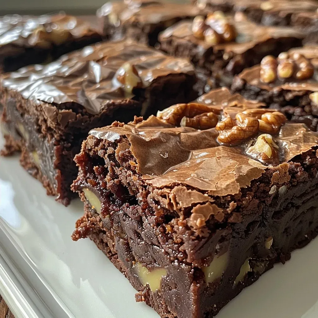 ['A close-up side view of delicious walnut brownies, showcasing a rich, fudgy texture and chunks of walnuts.', 'A mouthwatering side view of freshly baked walnut brownies, highlighting their glossy chocolate topping and walnut pieces.', 'Juicy walnut brownies captured from the side, displaying their dense consistency and inviting chocolatey surface.', 'A detailed side shot of walnut brownies, emphasizing the chocolate morsels and chopped nuts embedded in the batter.']