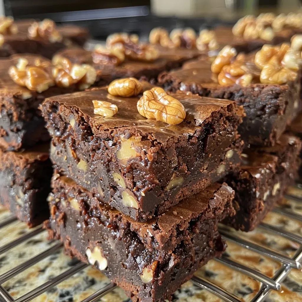 Close-up view of moist walnut brownies with a glossy chocolate surface.
