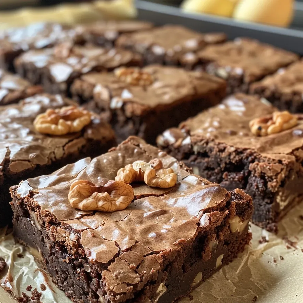 Close-up view of moist walnut brownies with a glossy chocolate surface.