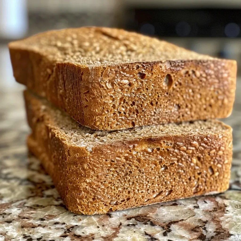 Close-up side view of a loaf of whole wheat bread with a golden crust.