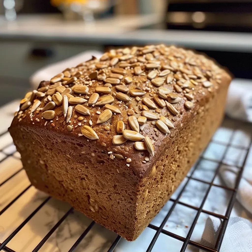 Side view of a loaf of whole wheat sunflower seed bread on a wooden surface.