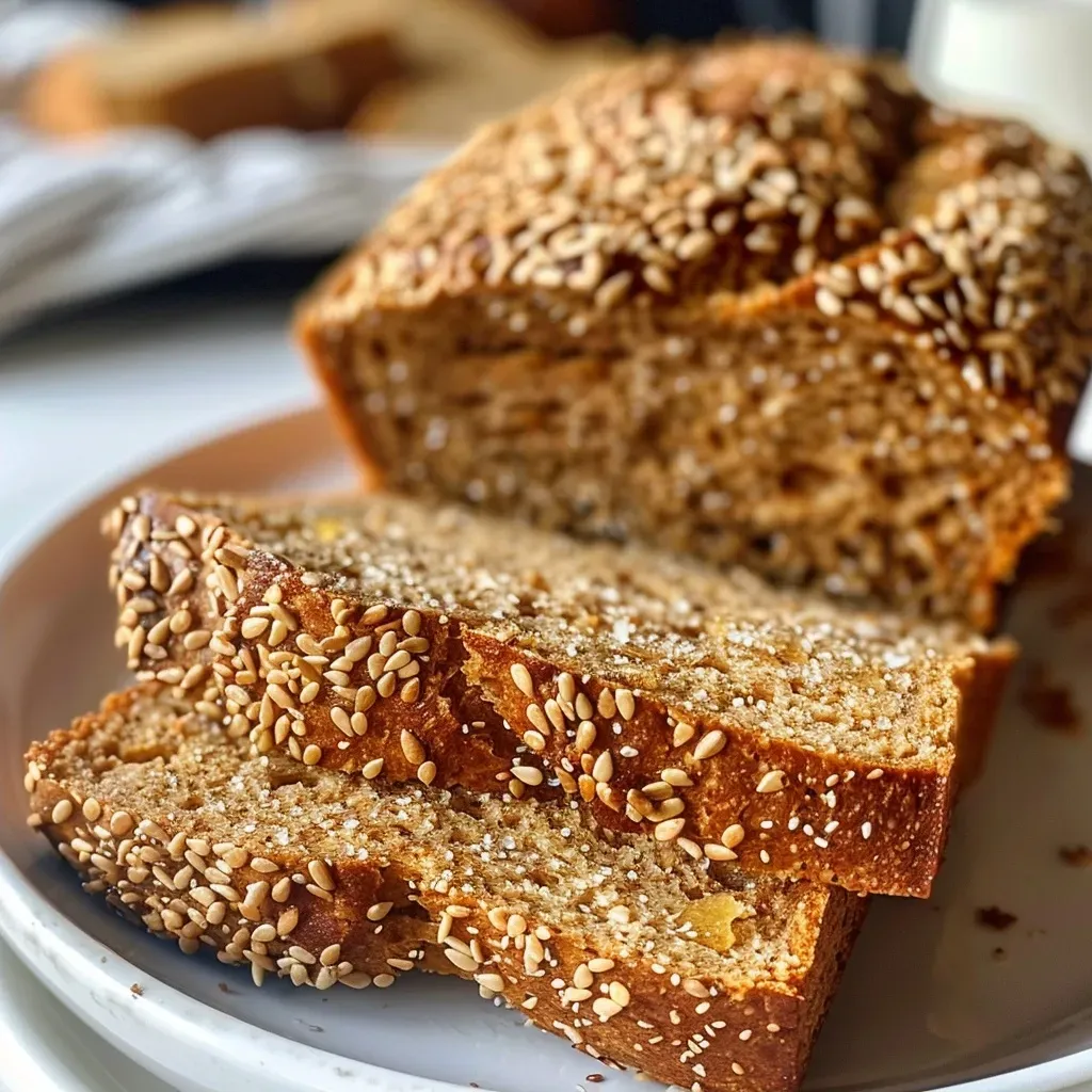 Close-up of a slice of yeast-free whole wheat honey bread with a golden crust and a soft texture.