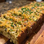 ['Close-up view of a slice of Zucchini Cheddar Herb Bread with a golden crust.', 'Side profile of a baked loaf of Zucchini Cheddar Herb Bread, displaying a rich texture.', 'Detailed image of Zucchini Cheddar Herb Bread showing melted cheese and herbs.', 'Juicy slice of Zucchini Cheddar Herb Bread with visible zucchini and cheese bits.']