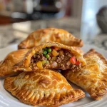 ['Close-up view of golden-brown air fryer empanadas filled with meat and vegetables.', 'Side view of freshly cooked empanadas showcasing flaky crust and savory filling.', 'Juicy air fryer empanadas with a crispy exterior and visible filling.', 'Delicious empanadas arranged on a plate, highlighting their appetizing appearance.']