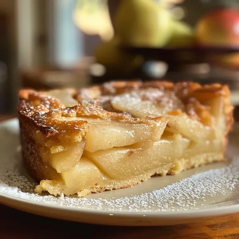 ['Close-up view of a moist Air Fryer Pear Cake showcasing sliced pears on top.', 'Side angle of a golden-brown Air Fryer Pear Cake garnished with powdered sugar.', 'Detailed image of a delicious Air Fryer Pear Cake with visible pear slices and a dusting of sugar.', 'Close-up of a slice of Air Fryer Pear Cake revealing its soft texture and pear fillings.']
