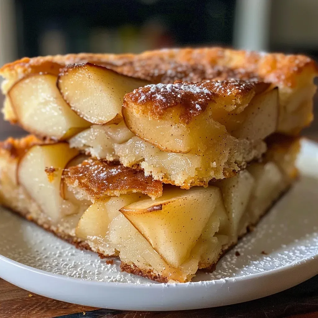 Close-up view of a moist Air Fryer Pear Cake showcasing sliced pears on top.