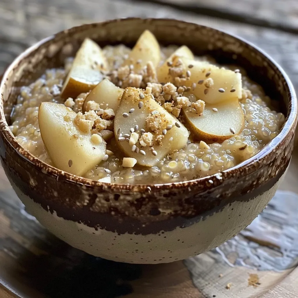 Close-up of creamy amaranth porridge topped with sliced caramelized pears.