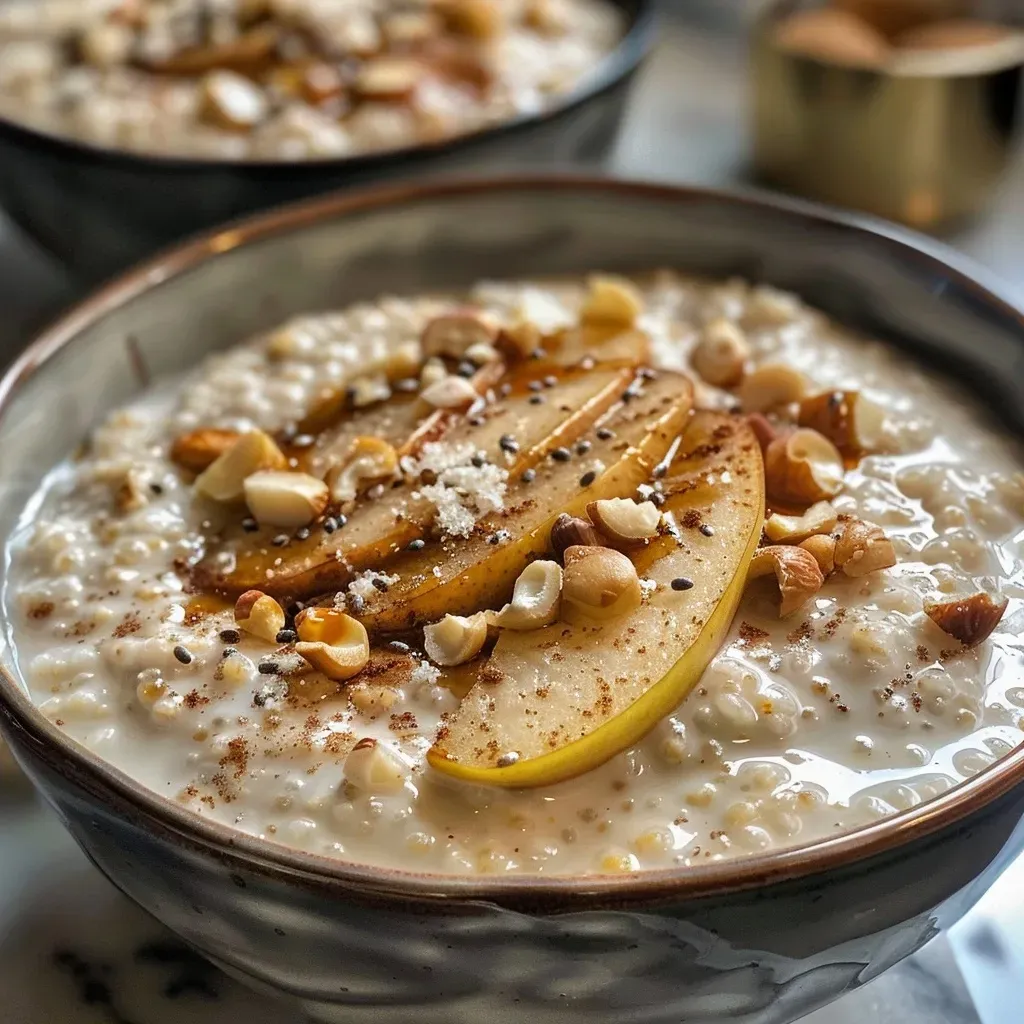 Close-up of creamy amaranth porridge topped with sliced caramelized pears.